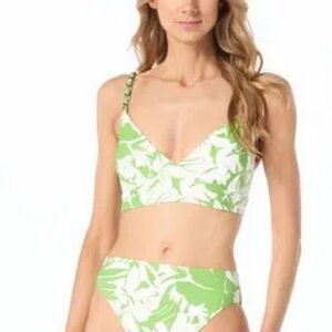 Michael Kors Green & White Tropical Print Bikini Top With Chain Straps– Size XS